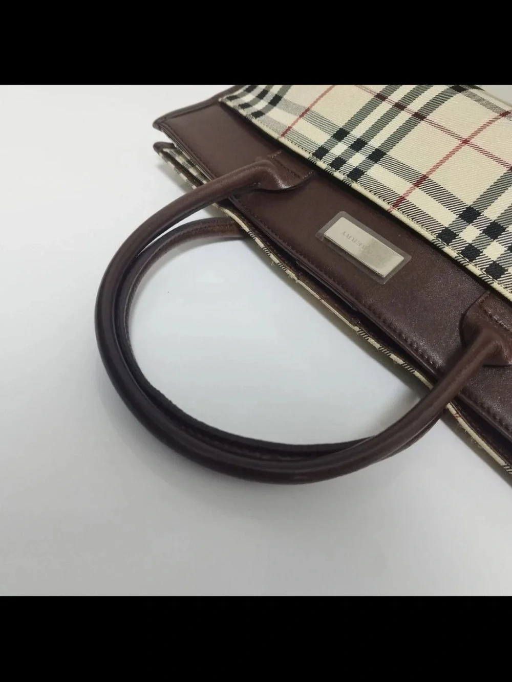 Burberry Plaid Top-Handle Satchel in Cream and Brown